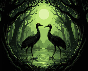 Fototapeta premium Two Cranes Standing in Moonlit Swamp Surrounded by Dense Forest Trees