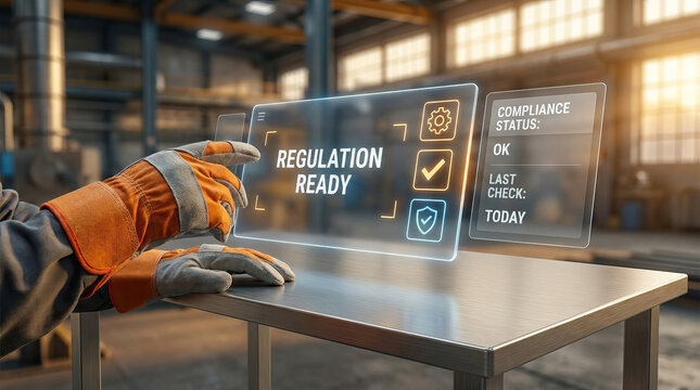 Regulation ready compliance status interface with gloves adjusting digital screen in industrial warehouse environment showing safety and quality control