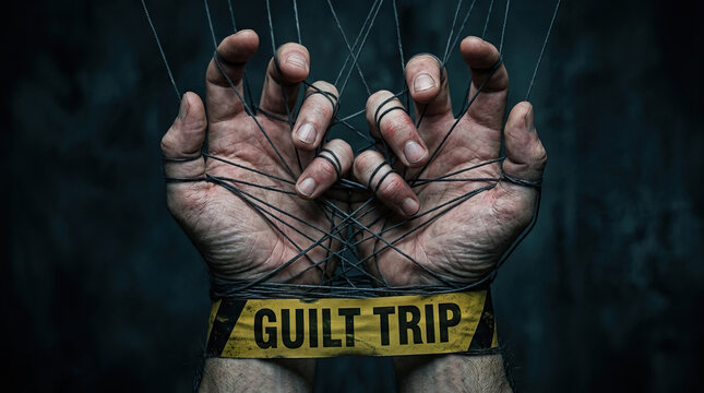 Hands bound by puppet strings with guilt trip tape, symbolizing emotional control and psychological manipulation in dark setting