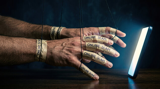 Hands controlled by puppet strings with tape labeled online scam, reaching toward glowing smartphone screen, symbolizing digital manipulation and fraud risk