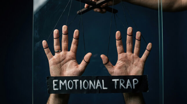 Emotional trap concept with hands controlled by puppet strings symbolizing manipulation and control, highlighting feelings of helplessness and psychological influence