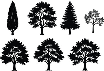 Fototapeta premium Tree silhouette illustrations, botanical forest artwork, diverse foliage design collection, black white figure set, stylized nature profiles