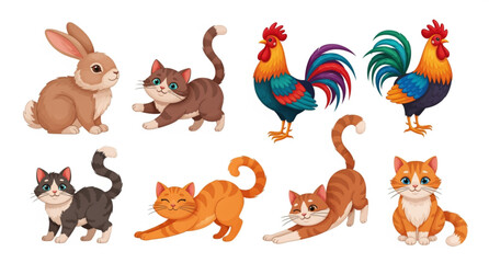 Fototapeta premium Playful Cats Rabbit and Colorful Rooster Cartoon Animal Vector Illustration Set