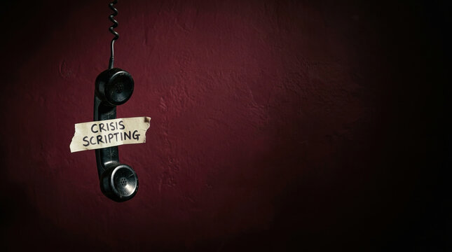 Crisis scripting concept with vintage rotary phone receiver hanging on dark red wall, symbolizing urgent communication and problem solving in tense situations