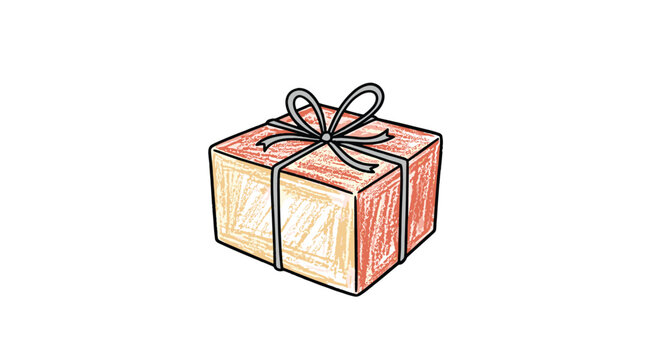 Small gift box wrapped with a simple string bow rendered in a textured colored pencil drawing style on a clean white background.