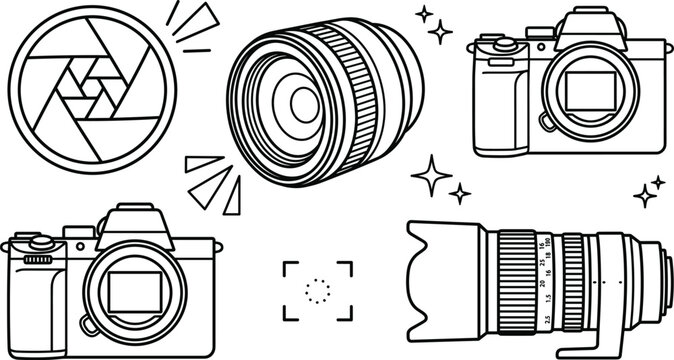 Professional Camera Gear Icon Set featuring Mirrorless Bodies Telephoto Zoom Lens Wide Angle and Aperture Shutter
