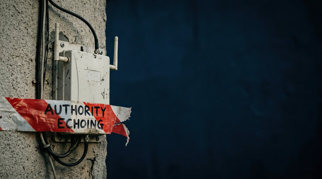 Authority echoing sign on wall with communication device and antenna, urban outdoor scene with textured concrete and dark blue background