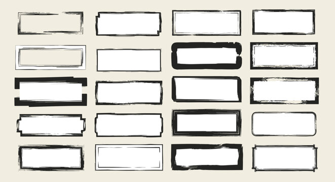 Assorted collection of hand drawn grungy rectangular frames with distressed ink edges for artistic and vintage layouts or labels.