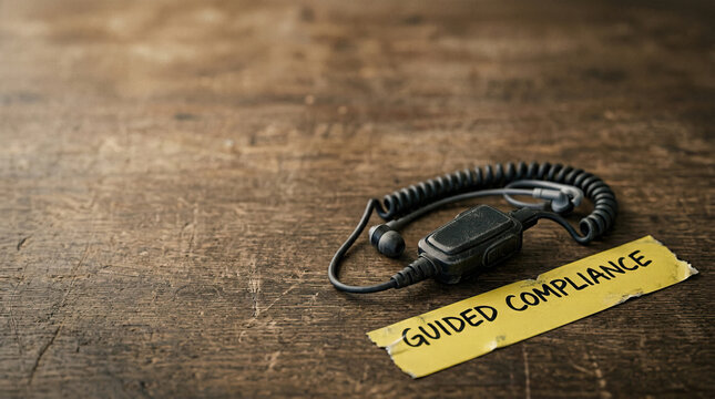 Guided compliance concept with wired earpiece on rustic wooden surface, communication device for instructions or support, close up view with yellow note