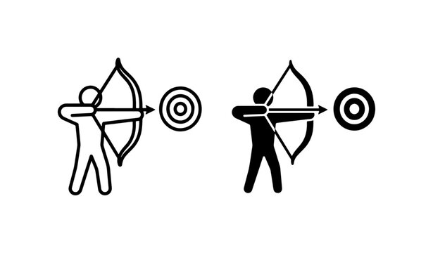Archery icon set, archer aiming at target, bow and arrow vector symbols