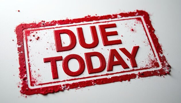Red rectangular stamp says DUE TODAY in bold letters. It has a distressed texture and ink splatters around the edges. This symbol represents urgency and immediate action required.