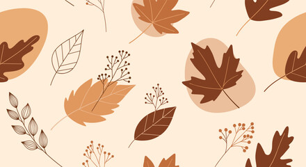Fototapeta premium Seamless autumn pattern with various fallen leaves and berries in warm earthy tones on a light cream background for seasonal art.