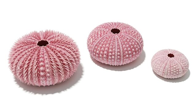 Three pink sea urchins on a white background