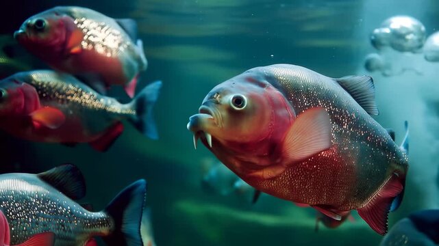 Piranha school swimming in murky water with selective focus and cinematic motion during daytime