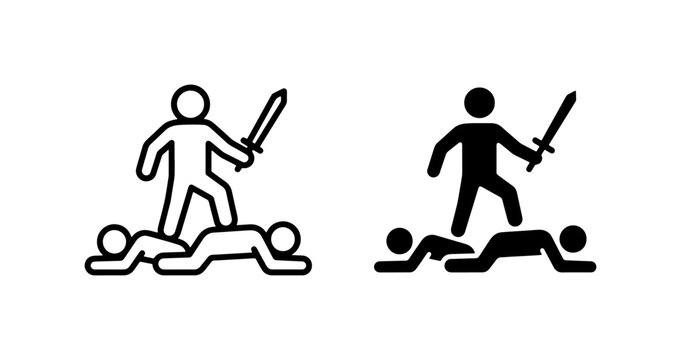 Victory Icon Set, Conqueror Standing Over Fallen Opponents, Silhouette and Outline Styles, Symbolizing Triumph and Dominance