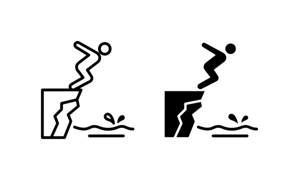 Cliff Diving Icon Set, Extreme Sports Silhouette, Risk Taking Action, Leap of Faith, Water Splash Vector Graphics