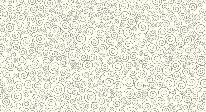 Hand drawn spiral pattern with abstract curly lines and doodle circular shapes on a neutral light beige background.