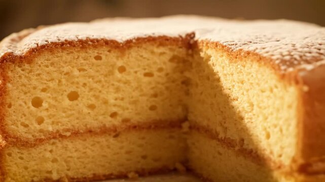 Close-up view of a freshly baked golden layered sponge cake dusted with powdered sugar, highlighting the soft texture and internal layers of the dessert, perfect for celebrating.