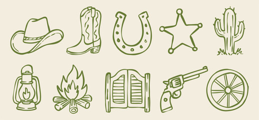 Hand-drawn Western cowboy icon set in outline line art style. Great for vintage logo design, retro stickers, apparel prints, greeting cards, and Wild West themed graphic projects © luqart97