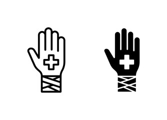 Fototapeta premium Medical Hand Icon Set, Injured Bandaged Palm Symbol, Healthcare Cross Graphic, First Aid Treatment Vector Illustration