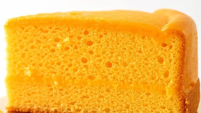 Macro close-up of a vibrant orange sponge cake slice, showcasing the airy, porous texture of the chiffon dessert against a pure white background.