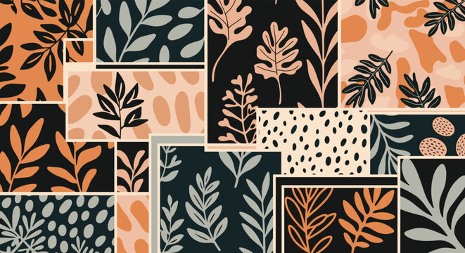Abstract geometric patchwork pattern featuring stylized leaves and dots in a warm palette of black, orange, and beige.
