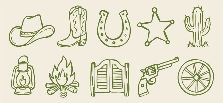 Hand-drawn Western cowboy icon set in outline line art style. Great for vintage logo design, retro stickers, apparel prints, greeting cards, and Wild West themed graphic projects