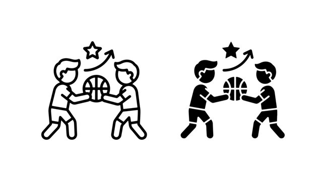 Basketball Teamwork Icons: Two Players Passing Ball, Sports Competition, Team Spirit, Dynamic Action, Vector Graphics
