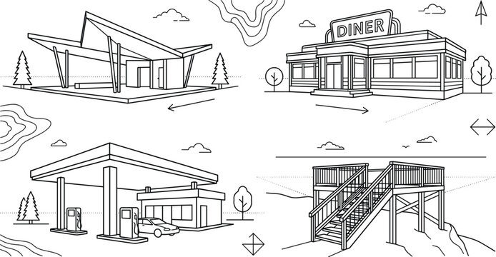 Retro Roadside Architecture Vector Set featuring Vintage Diner Gas Station Pavilion and Wooden Observation Deck Line Art