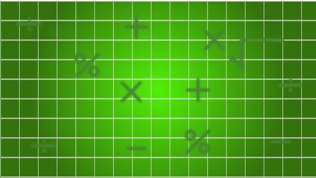 Mathematics vector background with green grid and colorful arithmetic symbols plus minus multiply divide percentage equals illustration