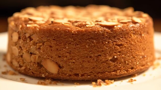 Close-up of a small, rustic almond cake or nut-crusted baked dessert on a white plate, highlighting the golden-brown crust and crumbly texture under warm lighting.