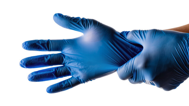 Blue nitrile gloves being put on a hand