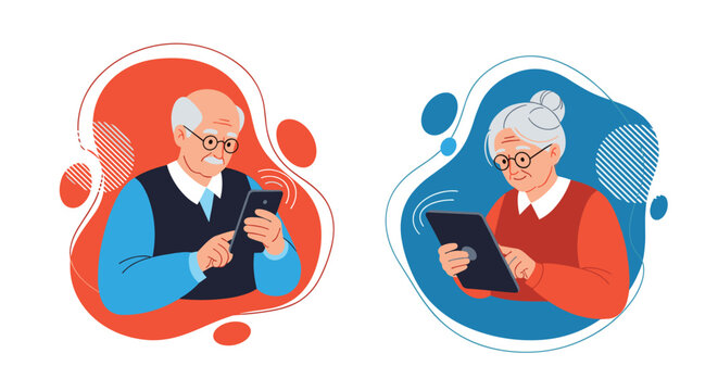 Modern senior man and woman using a smartphone and a tablet for communication and entertainment in a flat design.