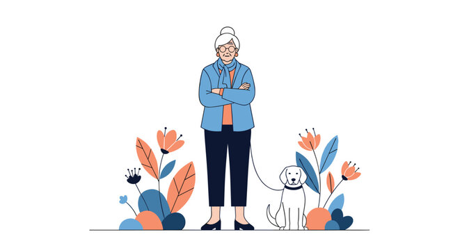 Flat illustration of a senior woman with her white dog standing in a garden with colorful abstract flowers in a park.