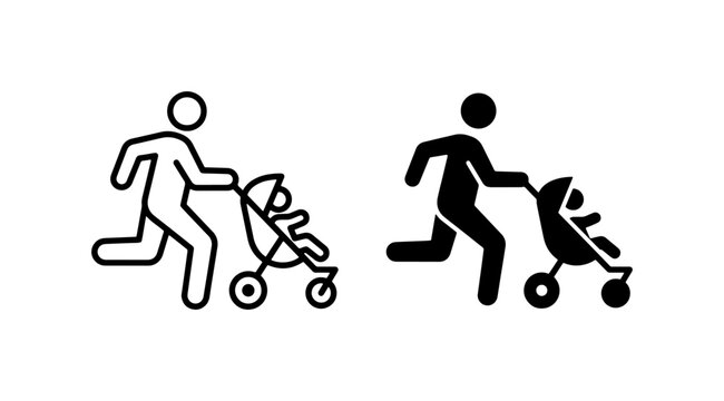 Parent Running with Baby Stroller Icon Set, Active Fatherhood Silhouette, Modern Family Lifestyle Vector Graphics