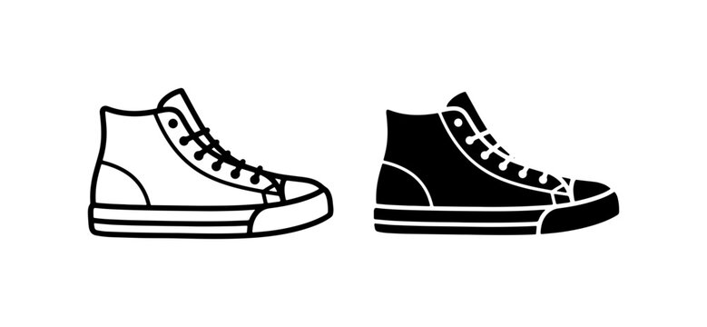 High-top Sneakers Vector Icons, Classic Canvas Shoe Illustrations, Black and White Footwear Graphics for Fashion and Sports Concepts