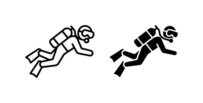 Scuba Diver Icons, Underwater Exploration Vector Graphics, Aquatic Adventure Symbols, Two Simple Outline and Silhouette Styles