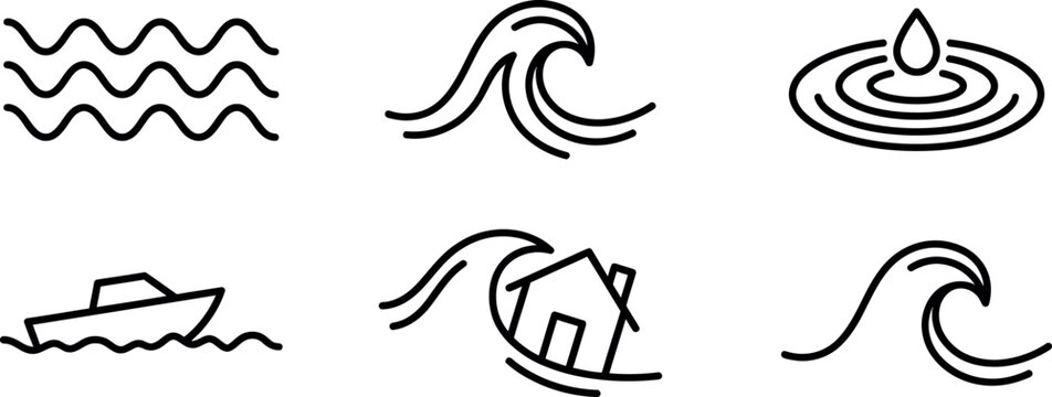 Water and wave line icons set tsunami, ocean wave, water drop ripple, boat, and flood disaster outline symbols