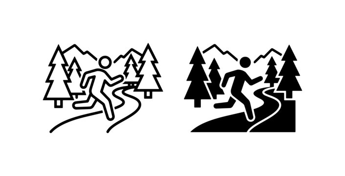 Trail Running Icon Set, Outdoor Fitness Silhouette, Mountain Landscape Runner, Forest Path Vector Graphics, Active Lifestyle Symbol