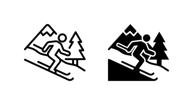 Skiing Icon Set, Winter Sports Vector Graphics, Mountain Snow Activity Symbols, Outline and Silhouette Designs for Outdoor Adventure