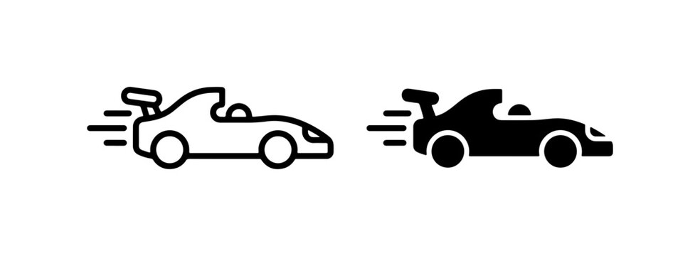 Speeding Race Car Icons, Vector Graphics of Fast Sports Vehicles, Black and White Silhouette and Outline Designs for Automotive Themes