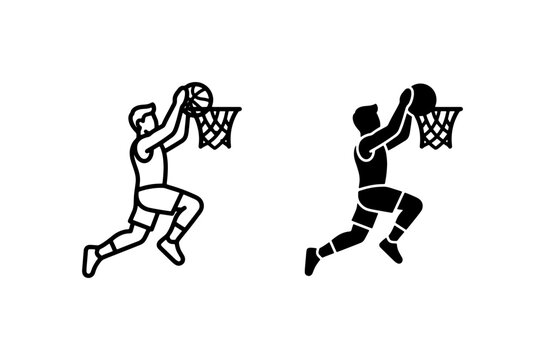 Basketball Player Dunking Icon, Silhouette and Outline Vector Set, Sports Action Graphic Resource