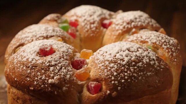Traditional sweet crown cake (bolo rei or rosca de reyes) close-up, baked bread decorated with colorful candied fruit pieces and dusted generously with white powdered sugar.