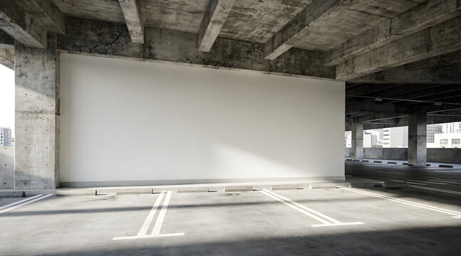 Blank billboard mockup on concrete wall in empty parking garage with industrial architecture and natural lighting.
