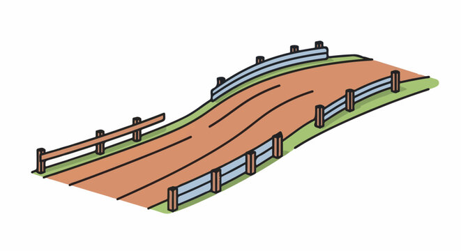 A simple illustration of a two-lane road with guardrails on green terrain