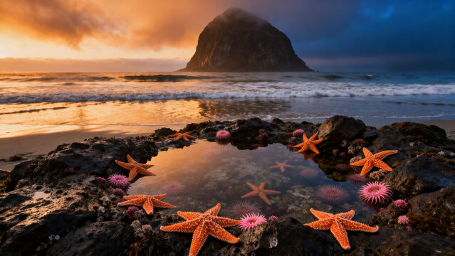 Tide pool filled with vibrant orange starfish and pink sea anemones by rocky beach.