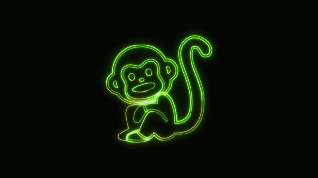 Monkey Icon Neon Seamless Loop 4K Black Background Animated Promotional Typography for Video Editing