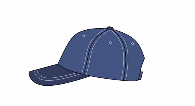 A simple, flat graphic illustration of a dark blue baseball cap with white stitching and eyelets