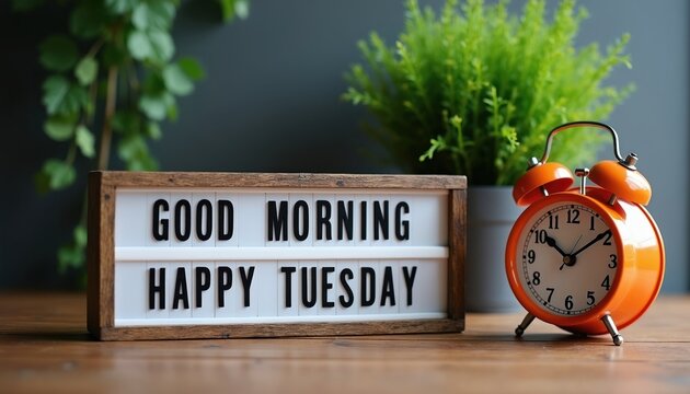 Wooden table with GOOD MORNING HAPPY TUESDAY sign and orange alarm clock. Green plant in pot provides fresh decor. Morning routine start on this weekday.