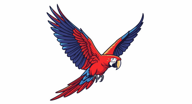 A red and blue parrot flies with its wings spread wide